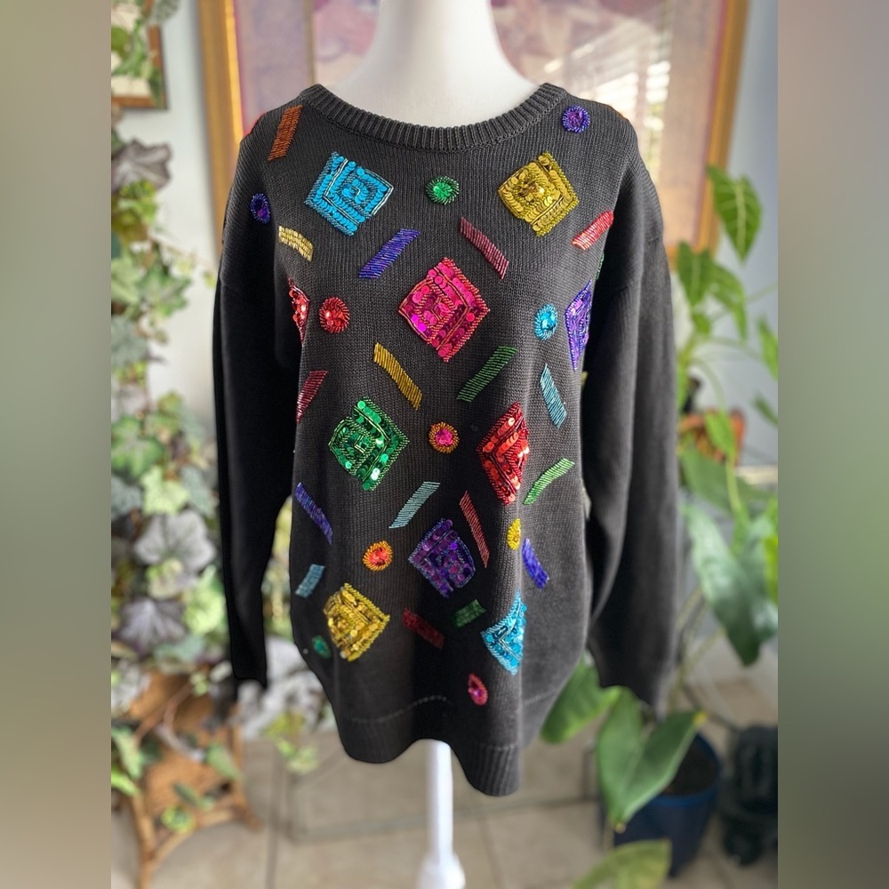 Vintage sequin & beads colorful black sweater art to wear yzk discocore